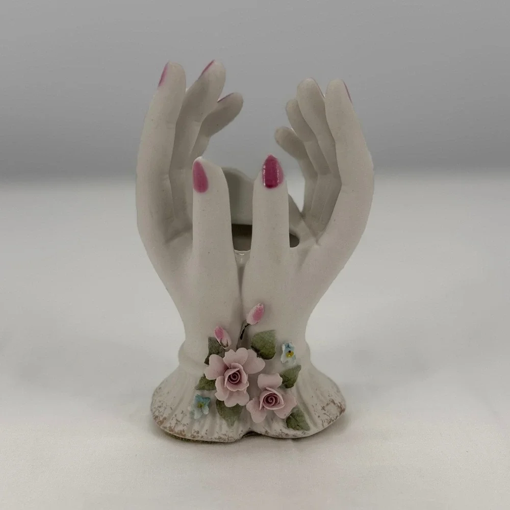 Lefton China Vintage Porcelain Hands Vase Figurine Pink Roses 1787 Hand Painted‎
